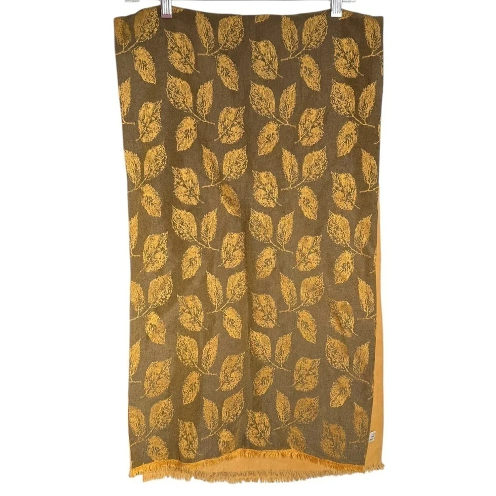 Bloomingdale’s Made In Italy Silk and Wool Scarf With Leaf Motif Golden Yellow